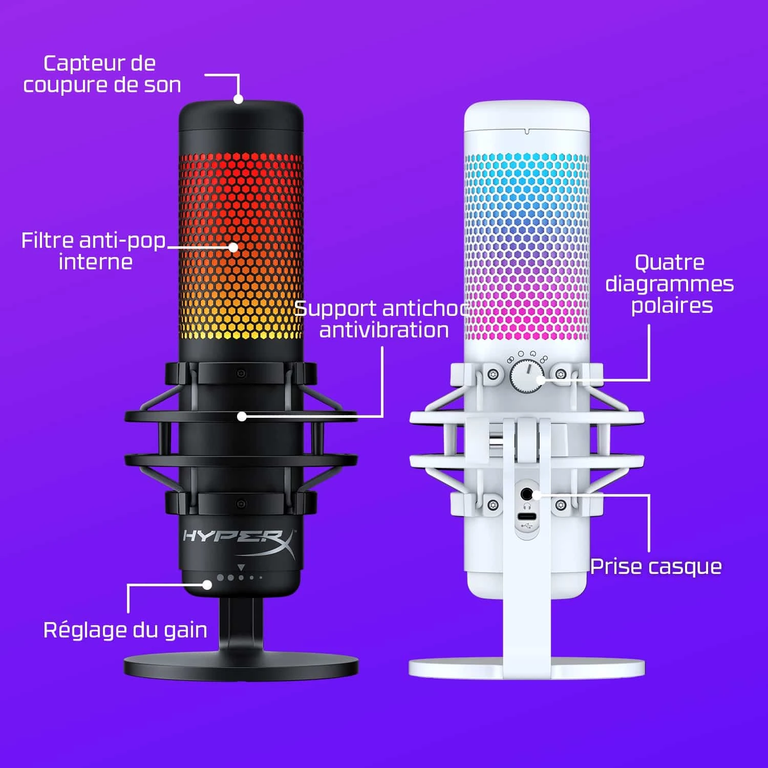 Le HyperX QuadCast S (519P0AA) est un microphone USB haut de gamme avec éclairage RVB personnalisable. Offrant quatre modes de directivité (stéréo, omnidirectionnel, cardioïde, bidirectionnel), il est parfait pour le streaming, le gaming, les podcasts et les visioconférences.