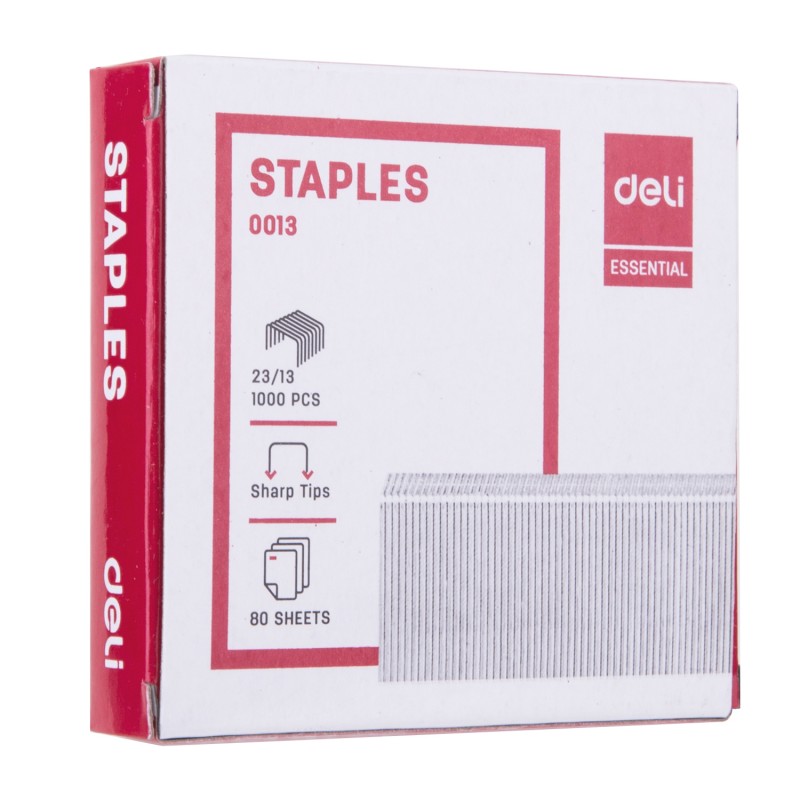 Agrafes Deli E0013 23/13 robustes, idéales pour les tâches d'agrafage exigeantes et compatibles avec les agrafeuses de capacité moyenne à élevée.