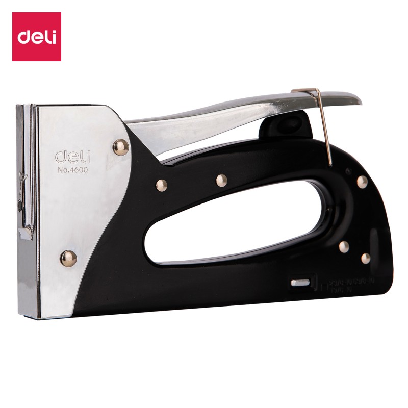 Agrafeuse pistolet Deli E4600 Noir, robuste et versatile, capable d'agrafer des matériaux jusqu'à 10 mm d'épaisseur.