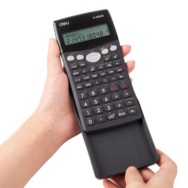Calculatrice scientifique Deli ED-100MS, robuste et multifonctionnelle, conçue pour un large éventail de calculs mathématiques et scientifiques.