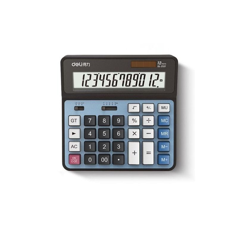 Calculatrice de bureau Deli 2137, disponible en argent et bleu, combine élégance et performance pour un usage professionnel avancé.