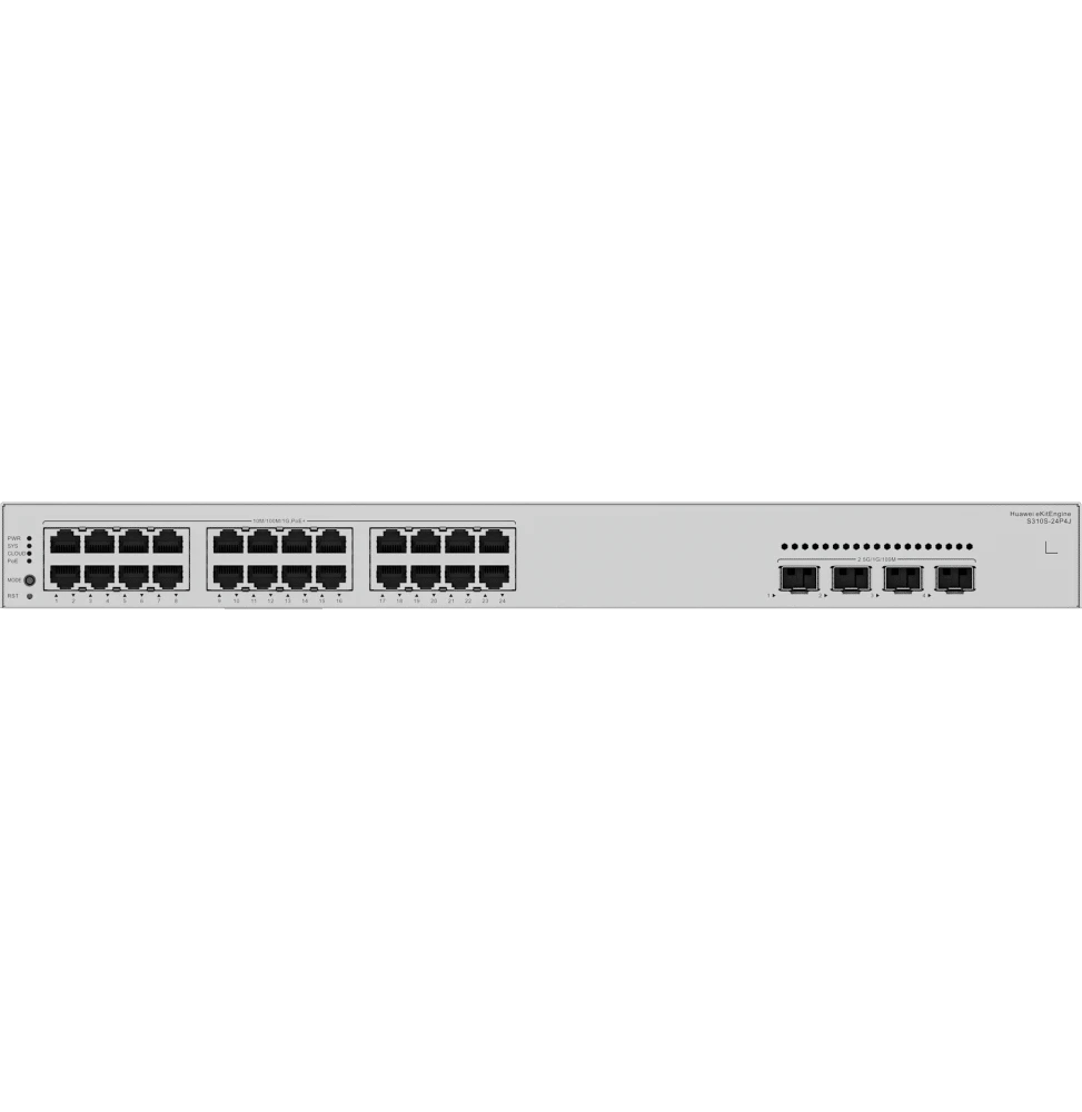 Switch Huawei S310S-24P4J 24 ports géré Layer 2+, format rack 1U, refroidissement passif sans ventilateur, alimentation AC intégrée et châssis métallique robuste, idéal pour les petites et moyennes entreprises.