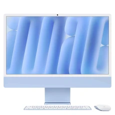 Apple iMac 24 pouces Retina 4.5K (2025) avec puce Apple M4 (10 cœurs CPU, 10 cœurs GPU), 16 Go mémoire unifiée, SSD 256 Go, webcam 12 Mpx et connectique avancée. Design élégant en bleu.