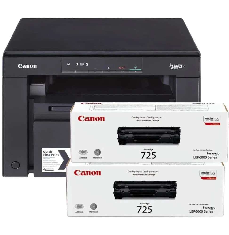 Imprimante multifonction laser monochrome Canon i-SENSYS MF3010, compacte et fiable, idéale pour l’impression, la copie et la numérisation au bureau ou à domicile. Livrée avec 2 toners 725 inclus.