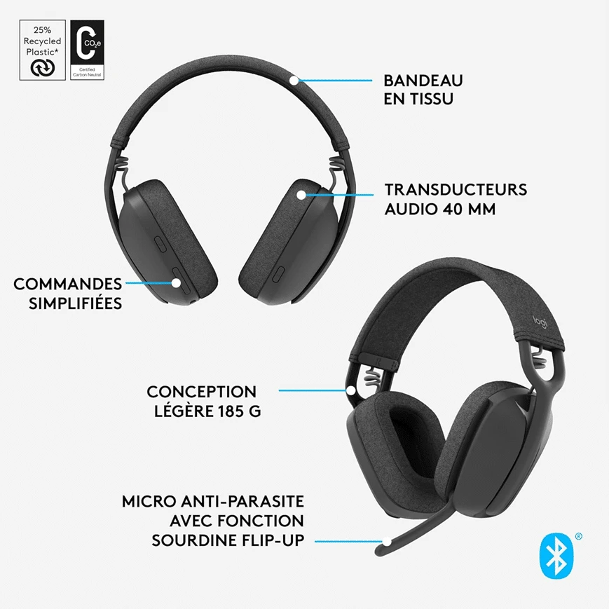 Le Logitech Zone Vibe 100 est un casque sans fil Bluetooth 5.2 conçu pour les espaces de travail ouverts, avec transducteurs de 40 mm, double micro anti-parasite, oreillettes à mémoire de forme et certification Microsoft Teams.