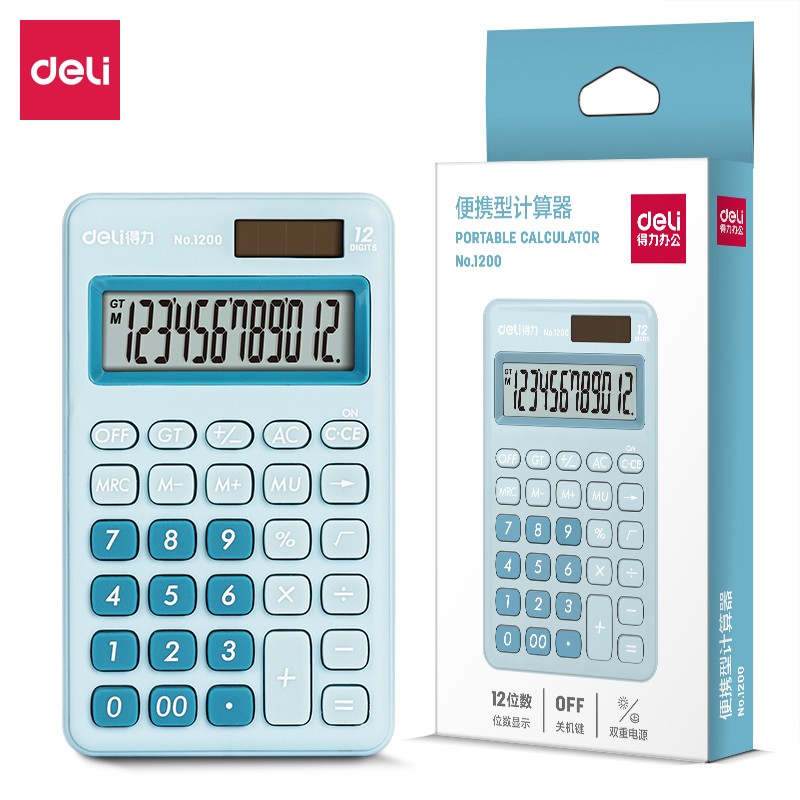 Calculatrice de bureau Deli 1200, dimensions 118x70 mm, disponible en bleu et blanc, conçue pour les professionnels exigeants.