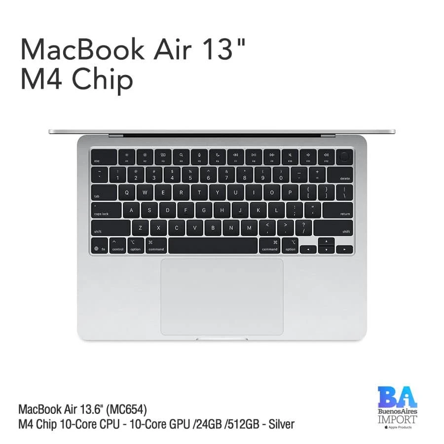 Le MacBook Air 13″ Silver intègre la puce Apple M4, un écran Liquid Retina, 24 Go de RAM, 512 Go SSD, un son spatial, et jusqu’à 18 h d’autonomie. Ultra-fin, léger et puissant, il tourne sous macOS Sequoia.