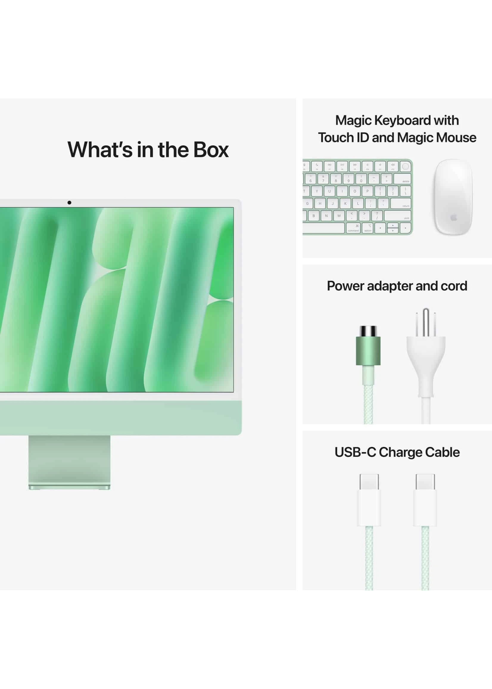 Apple iMac 24 pouces (2025) avec écran Retina 4.5K, puce Apple M4 (CPU 10 cœurs, GPU 10 cœurs), 16 Go de mémoire unifiée et 256 Go SSD. Design élégant en vert avec Magic Keyboard Touch ID et macOS Sonoma.