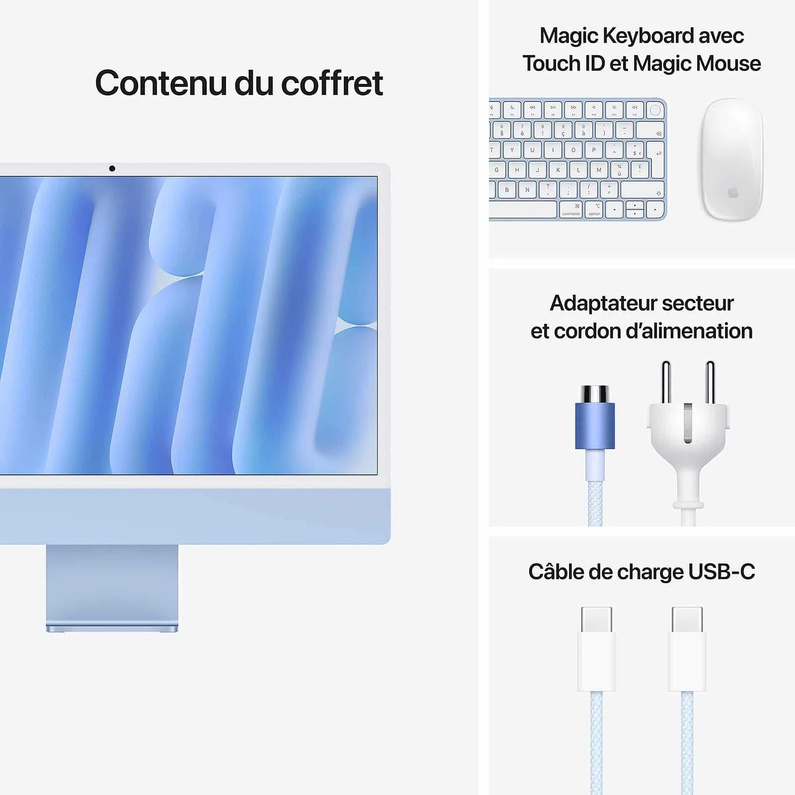 Le nouvel iMac 24″ M4 (Bleu) combine élégance, silence et puissance grâce à la puce Apple M4, un écran Retina 4.5K, 16 Go de RAM, SSD 256 Go et un audio spatial Dolby Atmos. Compact, performant, il convient à tous les environnements créatifs ou professionnels.