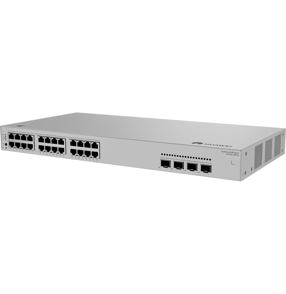 Switch Huawei S310S-24P4J 24 ports géré Layer 2+, format rack 1U, refroidissement passif sans ventilateur, alimentation AC intégrée et châssis métallique robuste, idéal pour les petites et moyennes entreprises.