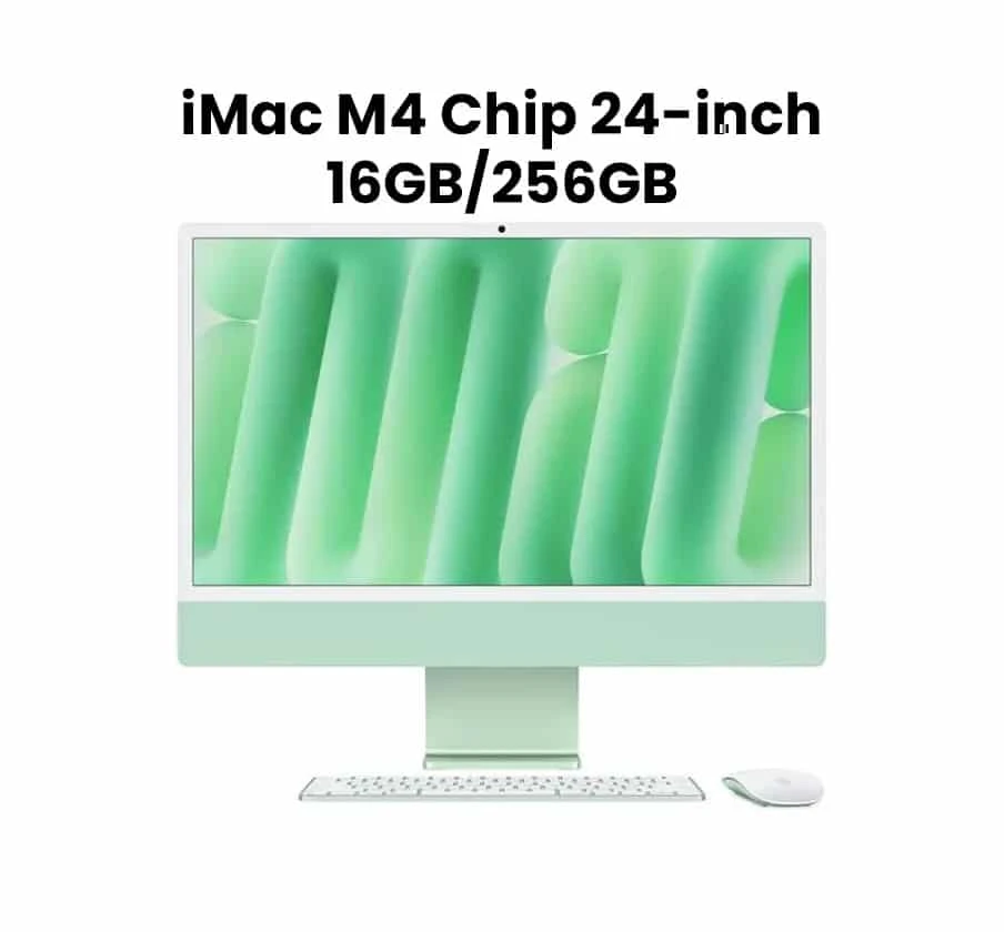 Apple iMac 24 pouces (2025) avec écran Retina 4.5K, puce Apple M4 (CPU 10 cœurs, GPU 10 cœurs), 16 Go de mémoire unifiée et 256 Go SSD. Design élégant en vert avec Magic Keyboard Touch ID et macOS Sonoma.